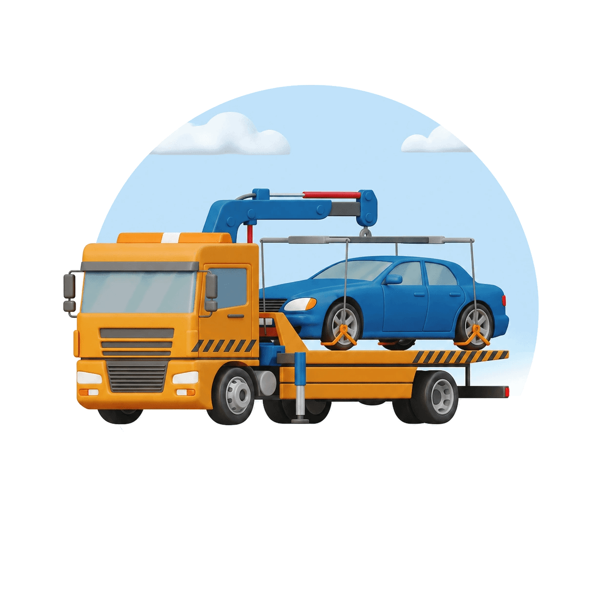 carroattrezzi che sta trasportando un'auto. L'immagine è un disegno 3d