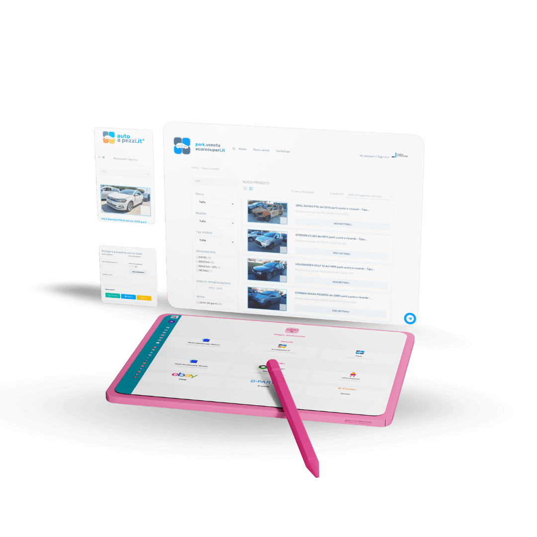 Mockup di un tablet con una interfaccia di PartsCoder aperta sull'applicativo Magic Connector.