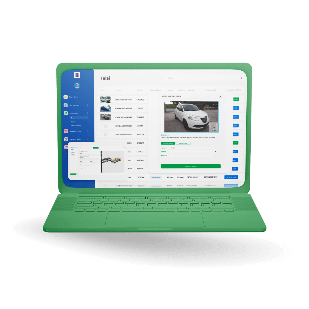 Mockup di un dispositivo desktop con interfaccia della web app di Parts Creator, nata per catalogare i ricambi auto usati, gestire le informazioni di prodotto, usare le banche dati 3D.